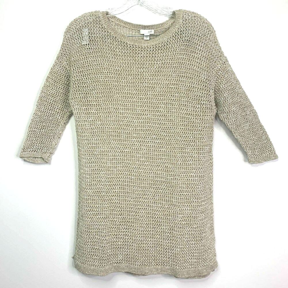 J.Jill Women's Cover Up Crochet Open Knit Linen Cotton Tan Beige Swim Tunic S‎